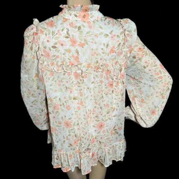 CeCe Floral Lace Blouse Pink Long Sleeve Top Feminine Mock Neck Pearls Small - Picture 5 of 10